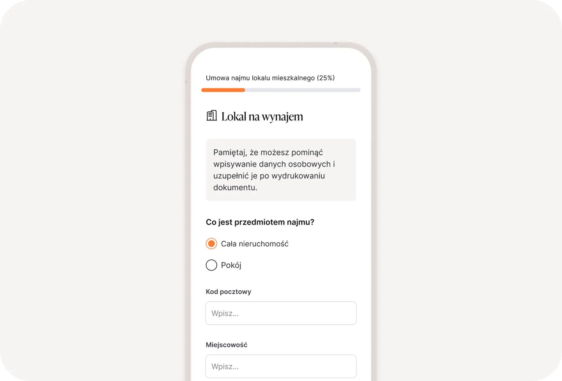 Ekran formularza „Lokal na wynajem" z opcjami wyboru zakresu najmu i danymi adresowymi, z informacją o możliwości uzupełnienia danych po wydrukowaniu